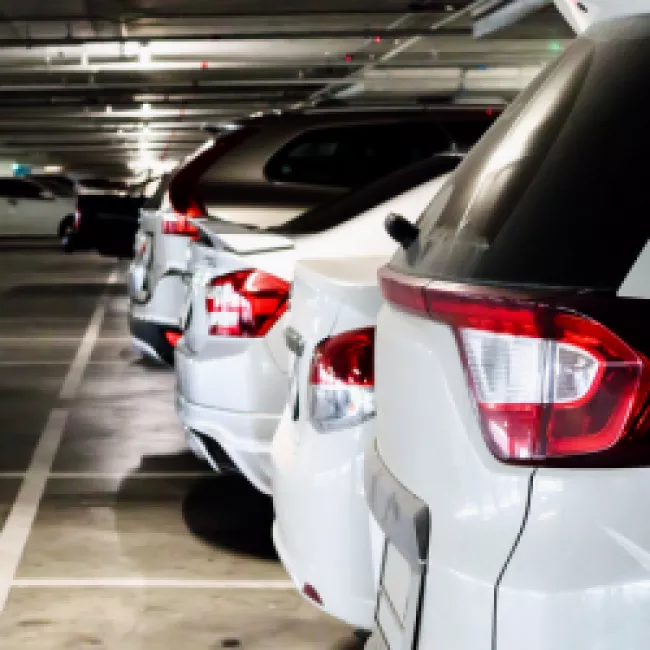 Cars in parking garage.